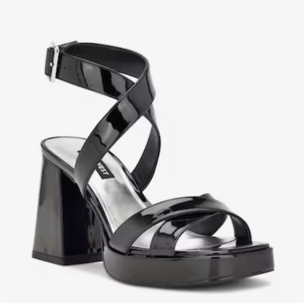 Nine West Black Patent Strappy Block Heel Sandals